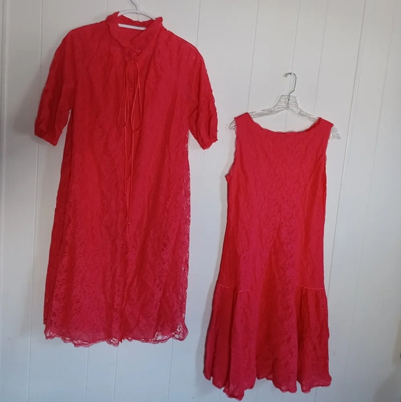 Vintage Gossard Artemis Orange Pink 2pc Ladies Nightgown Robe Set Sz Medium - Picture 1 of 14